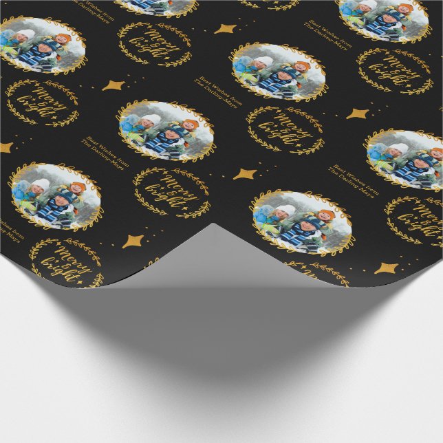 Merry & Bright w. Benutzerdefiniertes Foto - Gold  Geschenkpapier (Ecke)