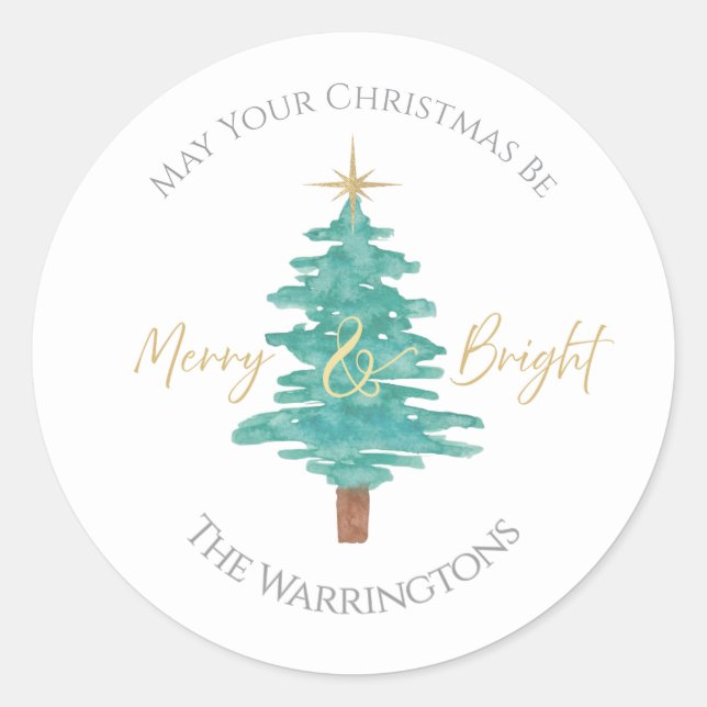 "Merry & Bright" Watercolor Tree Custom Name Runder Aufkleber (Vorderseite)
