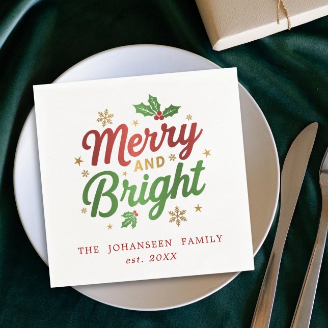 Merry & Bright Weihnachten Rot und grüne Typografi Serviette (Von Creator hochgeladen)