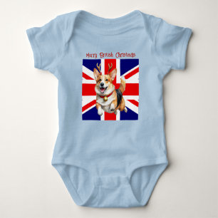 Merry British Christmas Corgi Reindeer Antlers Baby Strampler