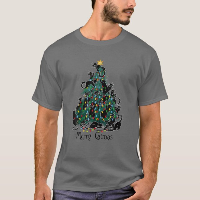 Merry Catmas Black Cat Lover Christmas Tree Light T-Shirt (Vorderseite)