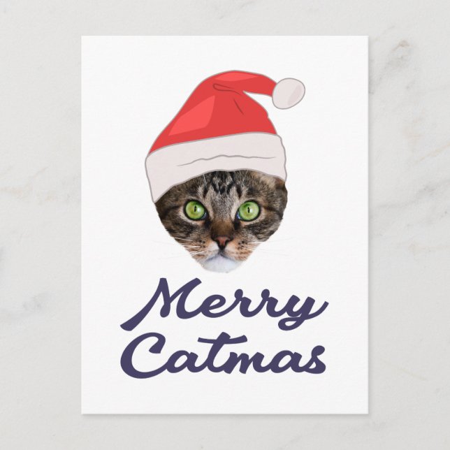 Merry Catmas, Christmas Cat Santa hat Invitation Postkarte (Vorderseite)