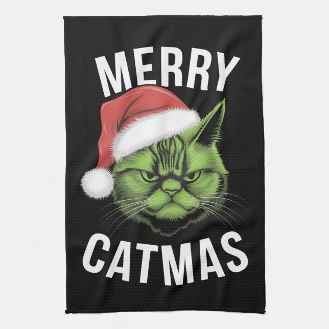 Merry Catmas Funny Cat Liebhaber Weihnachten Geschirrtuch (Vertikal)