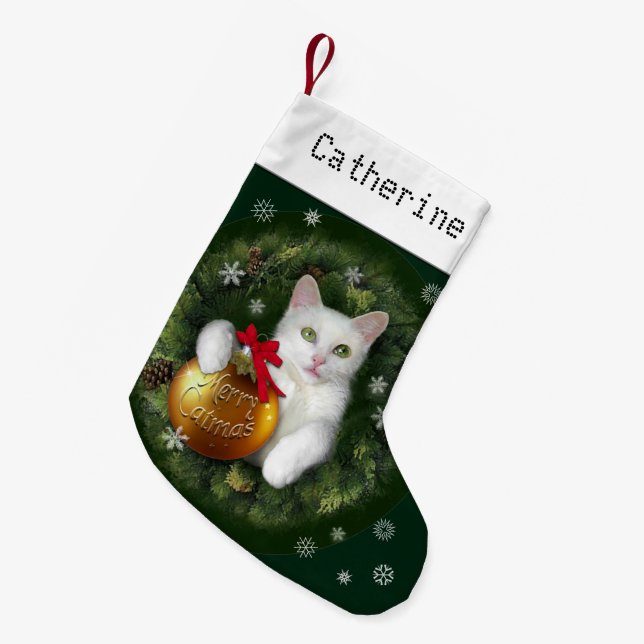 Merry Catmas mit (oder ohne) Ihrem Namen Kleiner Weihnachtsstrumpf (Vorderansicht (hängend))