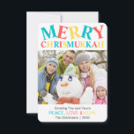 Merry Chrismukkah Foto Frieden, Liebe und Hoffnung<br><div class="desc">Fun pastellblau,  rot und gelb Merry Chrismukkah benutzerdefinierte Fotokarte mit Ihrem personalisierten Gruß,  Frieden,  Liebe & Hoffnung und Ihren Namen in einem lustigen Schriftart. In Chrismukkka feiern die Menschen Weihnachten und Hanukkah zusammen. Es ist eine großartige Art,  für interreligiöse Familien zu feiern.</div>