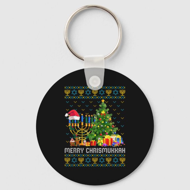Merry Chrismukkah Happy Hanukkah Ugly Sweater Fami Schlüsselanhänger (Vorderseite)