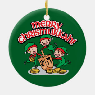 Merry Chrismukkkah mit Elves und Dreidels Keramik Ornament
