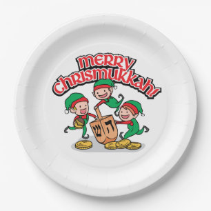 Merry Chrismukkkah mit Elves und Dreidels Pappteller