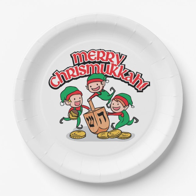 Merry Chrismukkkah mit Elves und Dreidels Pappteller (Vorderseite)