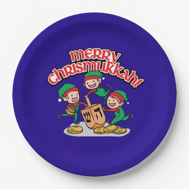 Merry Chrismukkkah mit Elves und Dreidels Pappteller (Vorderseite)