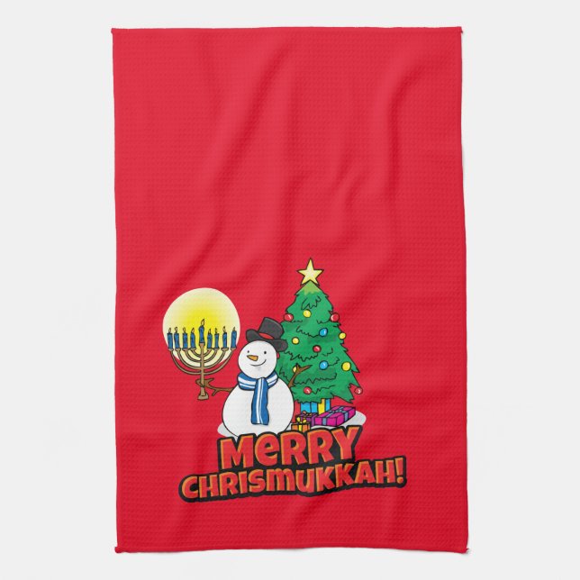 Merry Chrismukkkah mit Snowman und Menorah Geschirrtuch (Vertikal)