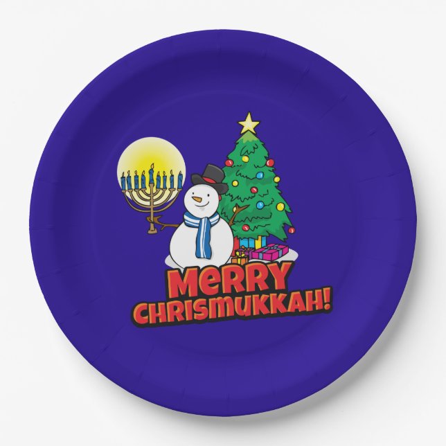 Merry Chrismukkkah mit Snowman und Menorah Pappteller (Vorderseite)