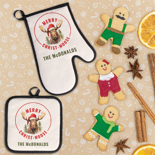 Merry Christ-moose Funny Christmas Moose Ofenhandschuh & Topflappen-Set