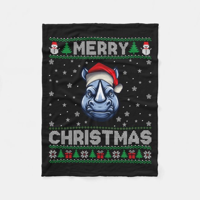 Merry Christmas 2025 Rhino Santa Hat Ugly Xmas Lon Fleecedecke (Vorderseite)