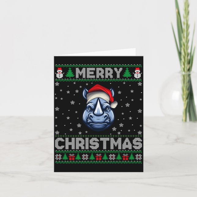 Merry Christmas 2025 Rhino Santa Hat Ugly Xmas Lon Karte (Vorderseite)