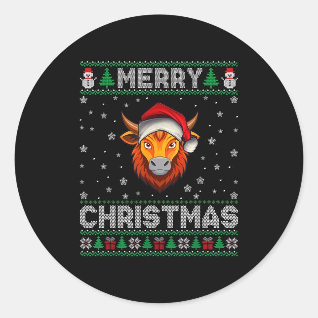 Merry Christmas 2025 Yak Santa Hat Ugly Xmas  Runder Aufkleber (Vorderseite)