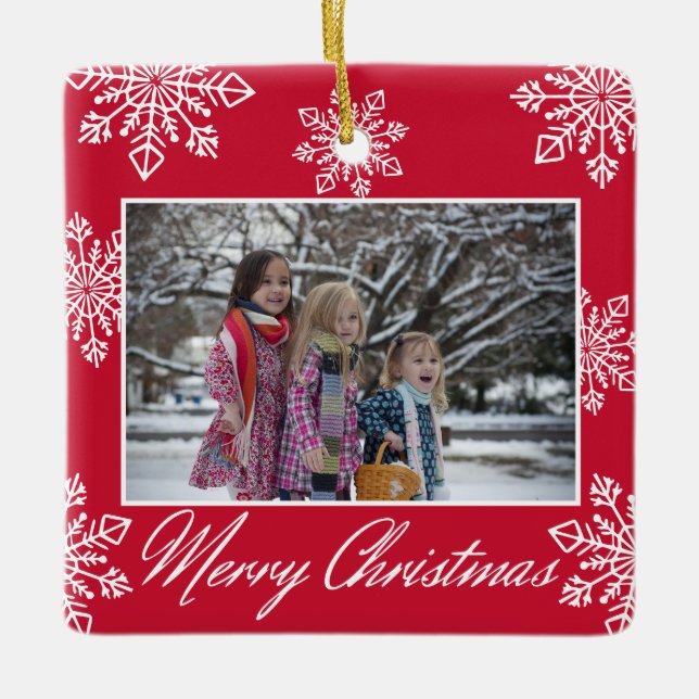 Merry Christmas 2 Foto von Red und White Snowflake Keramikornament (Vorderseite)
