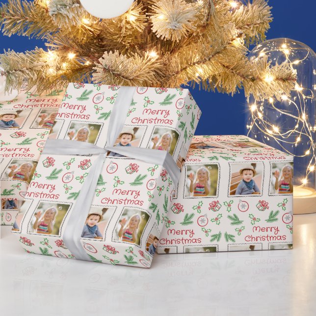 Merry Christmas 2 Photos Christmas Doodles Geschenkpapier (Feiertage)