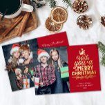 Merry Christmas 3 photos red family Folien Feiertagskarte<br><div class="desc">Modern holiday greeting card, customizable with one of your favorite family Christmas portraits on the front, beside a lovely real gold foil lettering caption that reads "we wish you a merry Christmas" over a plain red background. On the reverse of the card, you can upload two more photos and your...</div>