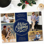 Merry Christmas 4 Photo Collage Blue and Gold Folien Feiertagskarte<br><div class="desc">Personalize this luxury gold foil Christmas card with four of your favorite photos. The template is set up ready for you to add your four photos and, it also has two sections for your greetings and your names. The center of the card has the wording "Merry Christmas" in a modern...</div>