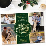 Merry Christmas 4 Photo Collage Green and Gold Folien Feiertagskarte<br><div class="desc">Personalize this luxury gold foil Christmas card with four of your favorite photos. The template is set up ready for you to add your four photos and, it also has two sections for your greetings and your names. The center of the card has the wording "Merry Christmas" in a traditional...</div>