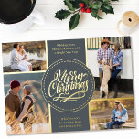 Merry Christmas 4 Photo Collage Grey and Gold Folien Feiertagskarte<br><div class="desc">Personalize this luxury gold foil Christmas card with four of your favorite photos. The template is set up ready for you to add your four photos and, it also has two sections for your greetings and your names. The center of the card has the wording "Merry Christmas" in a modern...</div>