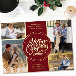 Merry Christmas 4 Photo Collage Red and Gold Folien Feiertagskarte<br><div class="desc">Personalize this luxury gold foil Christmas card with four of your favorite photos. The template is set up ready for you to add your four photos and, it also has two sections for your greetings and your names. The center of the card has the wording "Merry Christmas" in a traditional...</div>
