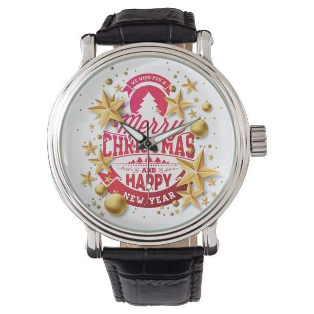 Merry Christmas and Happy New Year Typography Armbanduhr (Vorderseite)