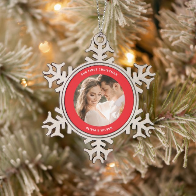 Merry Christmas and Married Photo Schneeflocken Zinn-Ornament (Baum)