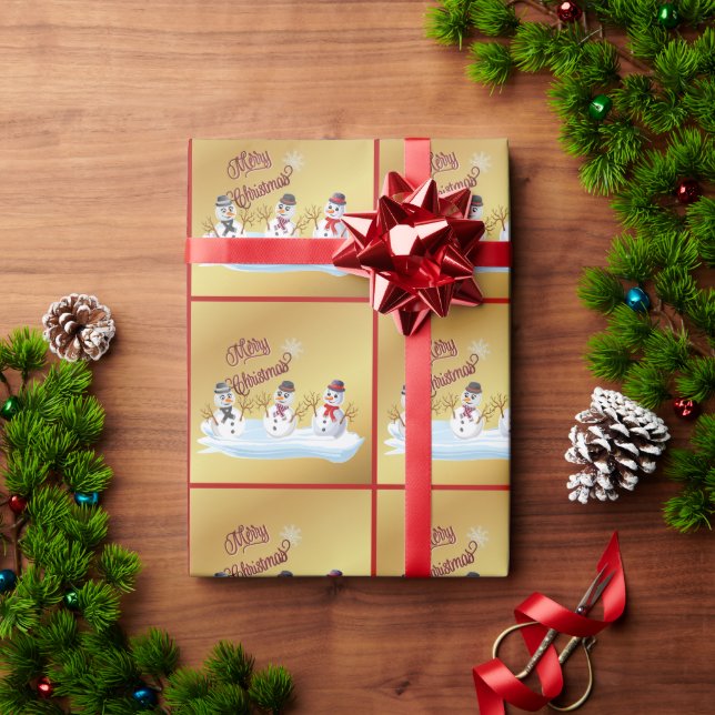 Merry Christmas and snowmen on faux gold Geschenkpapier (Feiertagsgeschenk)