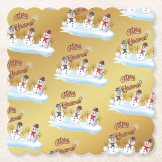 Merry Christmas and snowmen on faux gold Untersetzer