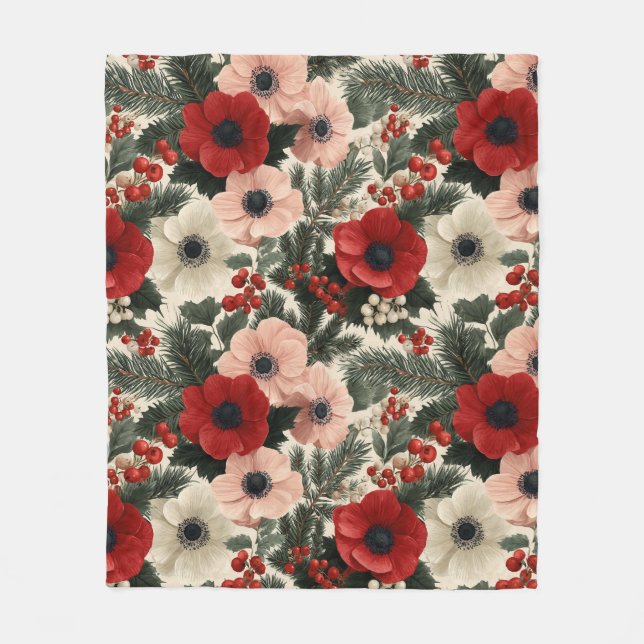 Merry Christmas Anemone Floral Background Fleecedecke (Vorderseite)