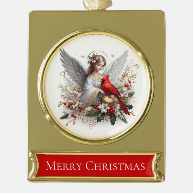 Merry Christmas – Angel with Cardinal Banner-Ornament Gold (Vorderseite)