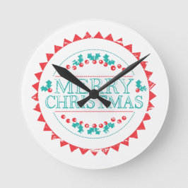 Merry Christmas Aqua & Red Chalk Stamp Typography Runde Wanduhr