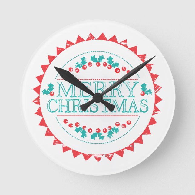 Merry Christmas Aqua & Red Chalk Stamp Typography Runde Wanduhr (Vorderseite)