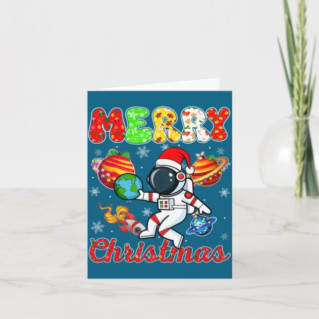 Merry Christmas Astronaut Santa Hat Snowflakes Tre Karte (Vorderseite)