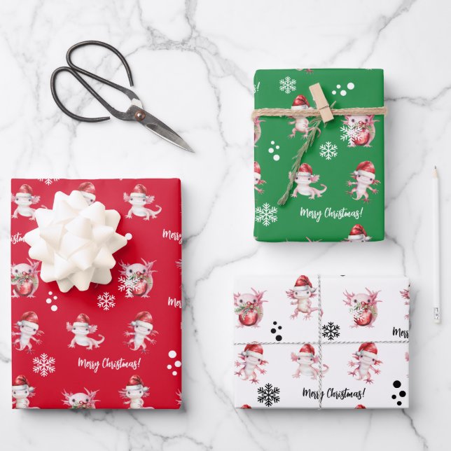 Merry Christmas Axolotl Santa Wrapping Paper Sheet Geschenkpapier Set (Vorderseite)