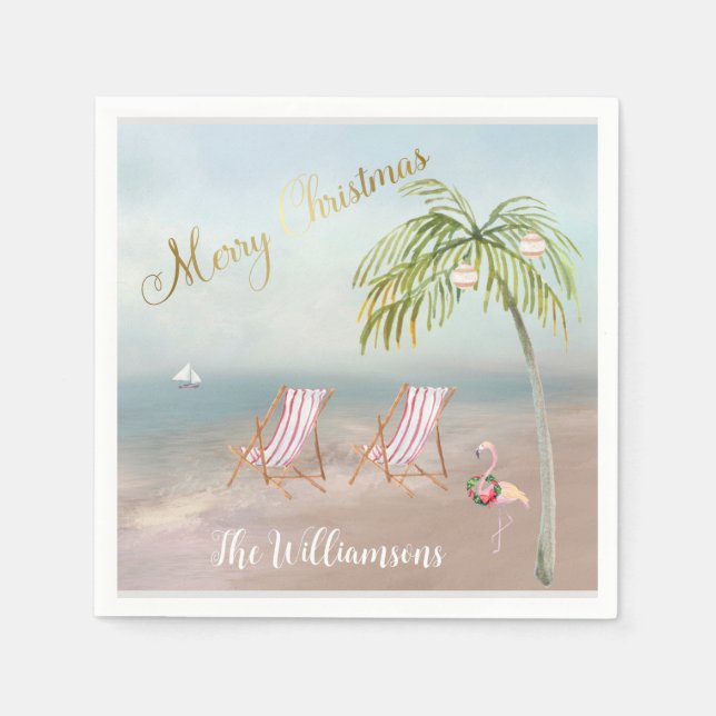 Merry Christmas Beach Flamingo Wreath einzigartig Serviette (Vorderseite)
