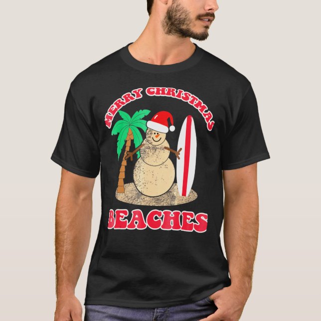 Merry Christmas Beaches Snowman Surfboard Summer B T-Shirt (Vorderseite)