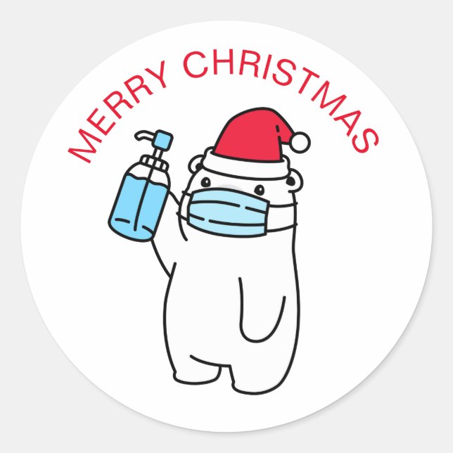 MERRY CHRISTMAS BEAR MIT MASK ROUND STICKS RUNDER AUFKLEBER (Vorderseite)