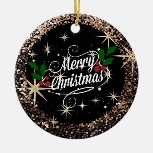 Merry Christmas Black and Gold Sparkly Glitter Keramik Ornament (Vorne)