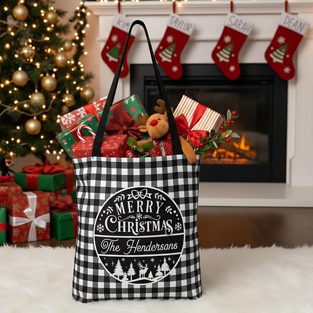 Merry Christmas Black & White Buffalo Plaid Custom Tasche (Von Creator hochgeladen)
