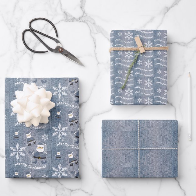 Merry Christmas Blue Denim Jeans Pattern Geschenkpapier Set (Vorderseite)