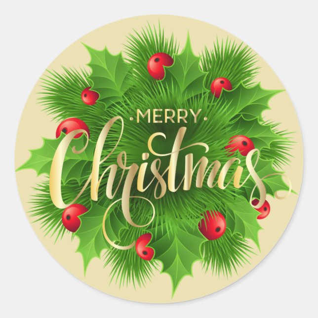 Merry Christmas Botanical Design – Elegant Holiday Runder Aufkleber (Vorderseite)