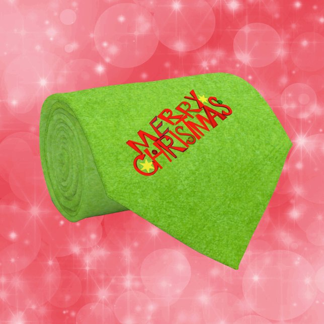 Merry Christmas Bright Red Letters stars Green Krawatte (Green mens necktie with festive Merry Christmas tex in bold red letters gold stars.)