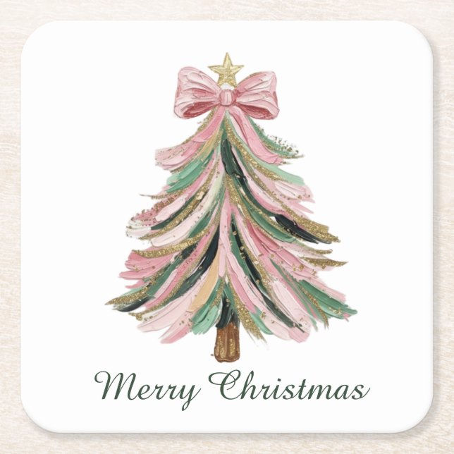 Merry Christmas Brushstroke Tree Paper Coaster Set Rechteckiger Pappuntersetzer (Vorderseite)
