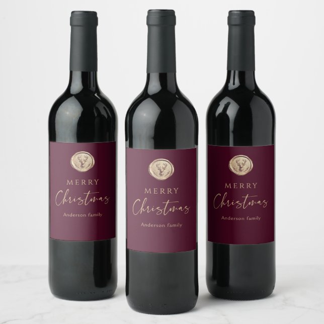 Merry Christmas Burgundy Red Festive Weinetikett (Flaschen)