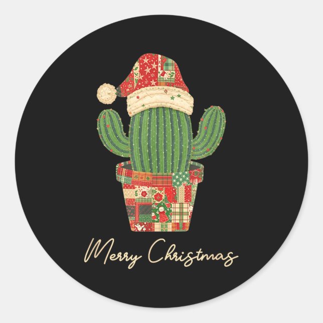 Merry Christmas Cactus Patchwork Quilt  Runder Aufkleber (Vorderseite)