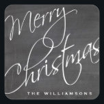 Merry Christmas Calligraphy Chalkboard Custom Quadratischer Aufkleber<br><div class="desc">Ein festlicher Frohe Weihnachtsaufkleber mit einem Kalligraphie-Script-Schriftart-Set auf schwarzem Chalkboard-Hintergrund. Der perfekte Aufkleber für Ihre Urlaubspakete und -geschenke. Fügen Sie Ihren Namen zu anpassen.</div>