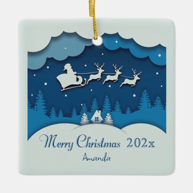 Merry Christmas Calligraphy Santa Sleigh Reindeer Keramikornament (Vorderseite)
